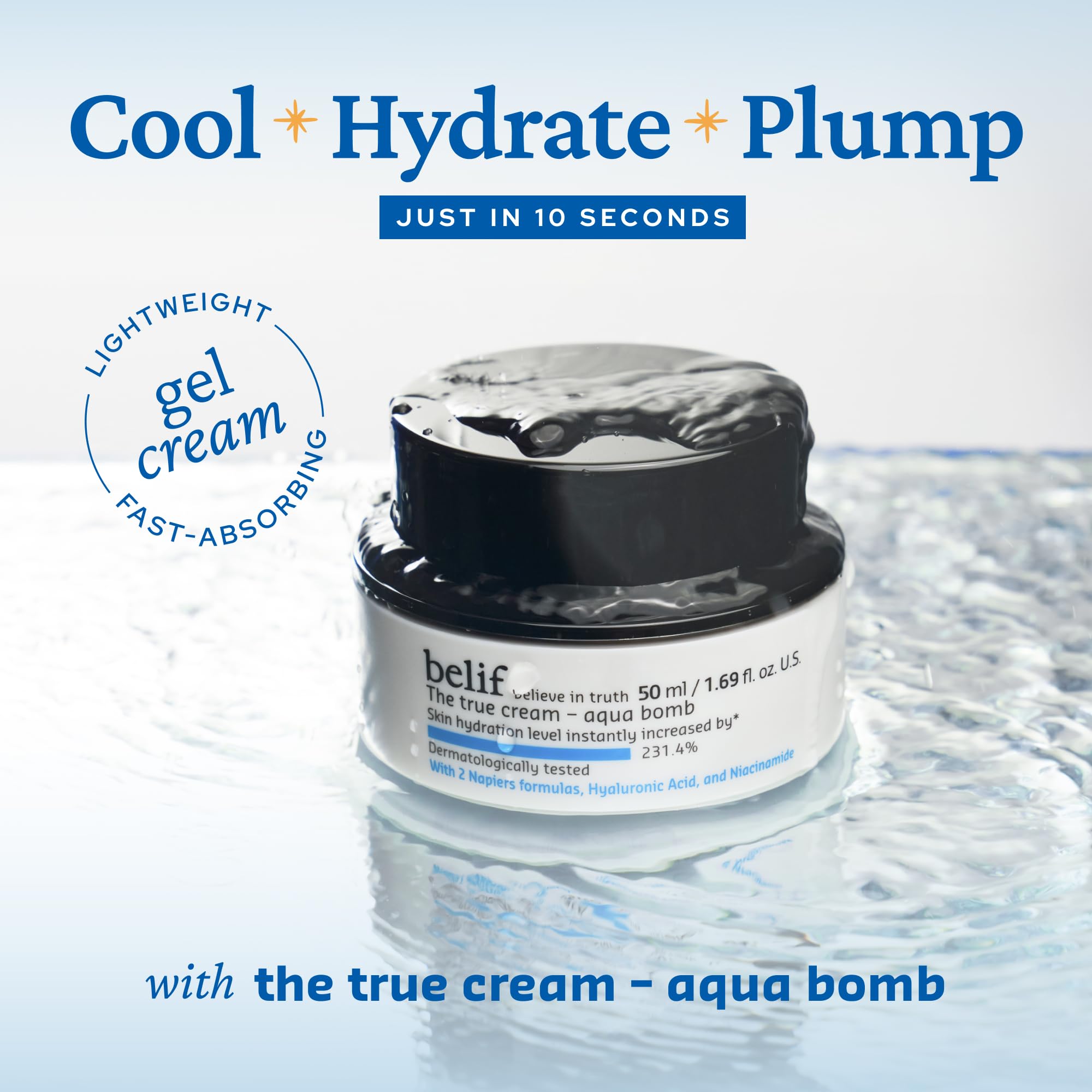 belif Aqua Bomb gel texture close-up highlighting lightweight hydration.