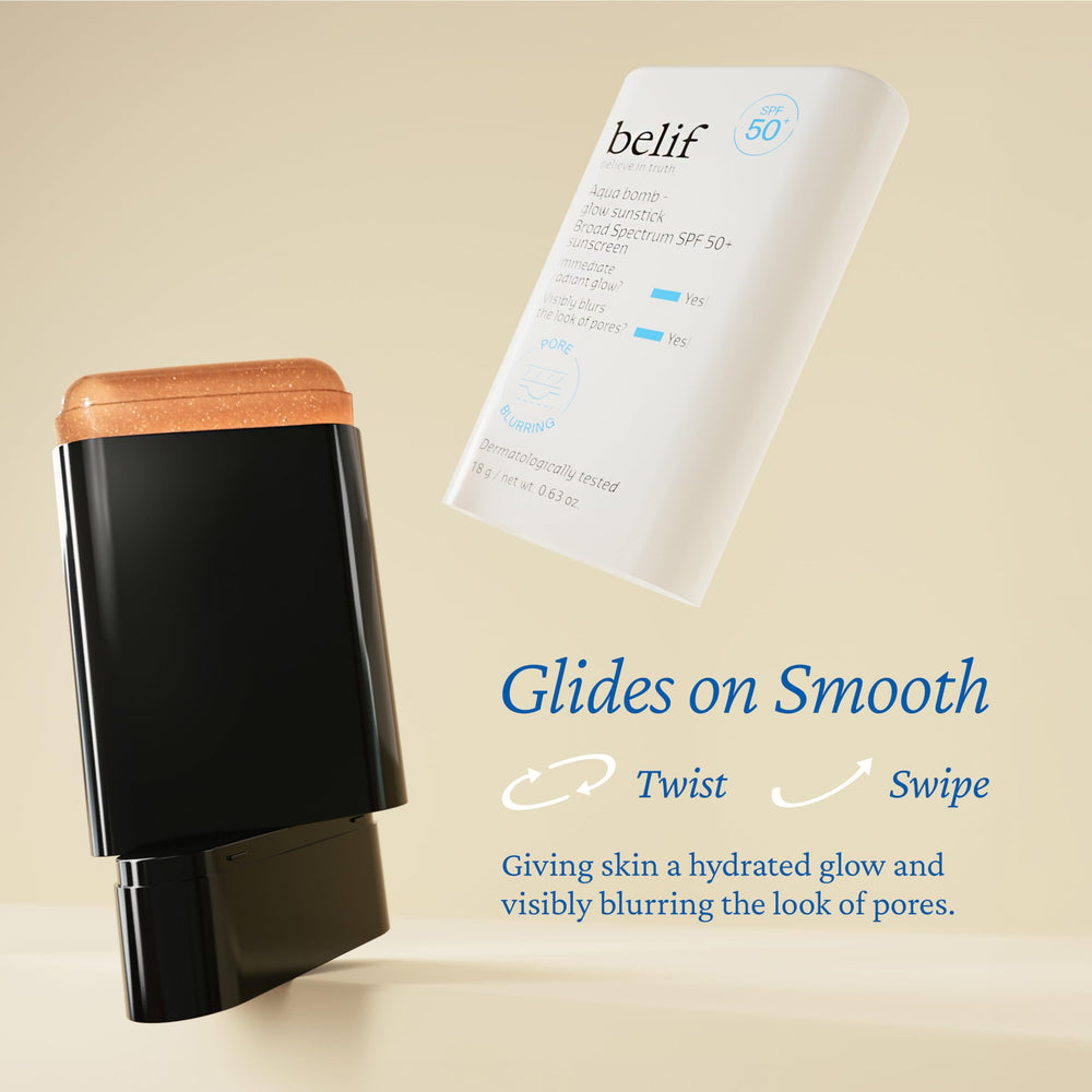 Belif Aqua Bomb Niacinamide Sunscreen Stick features a compact design for travel.