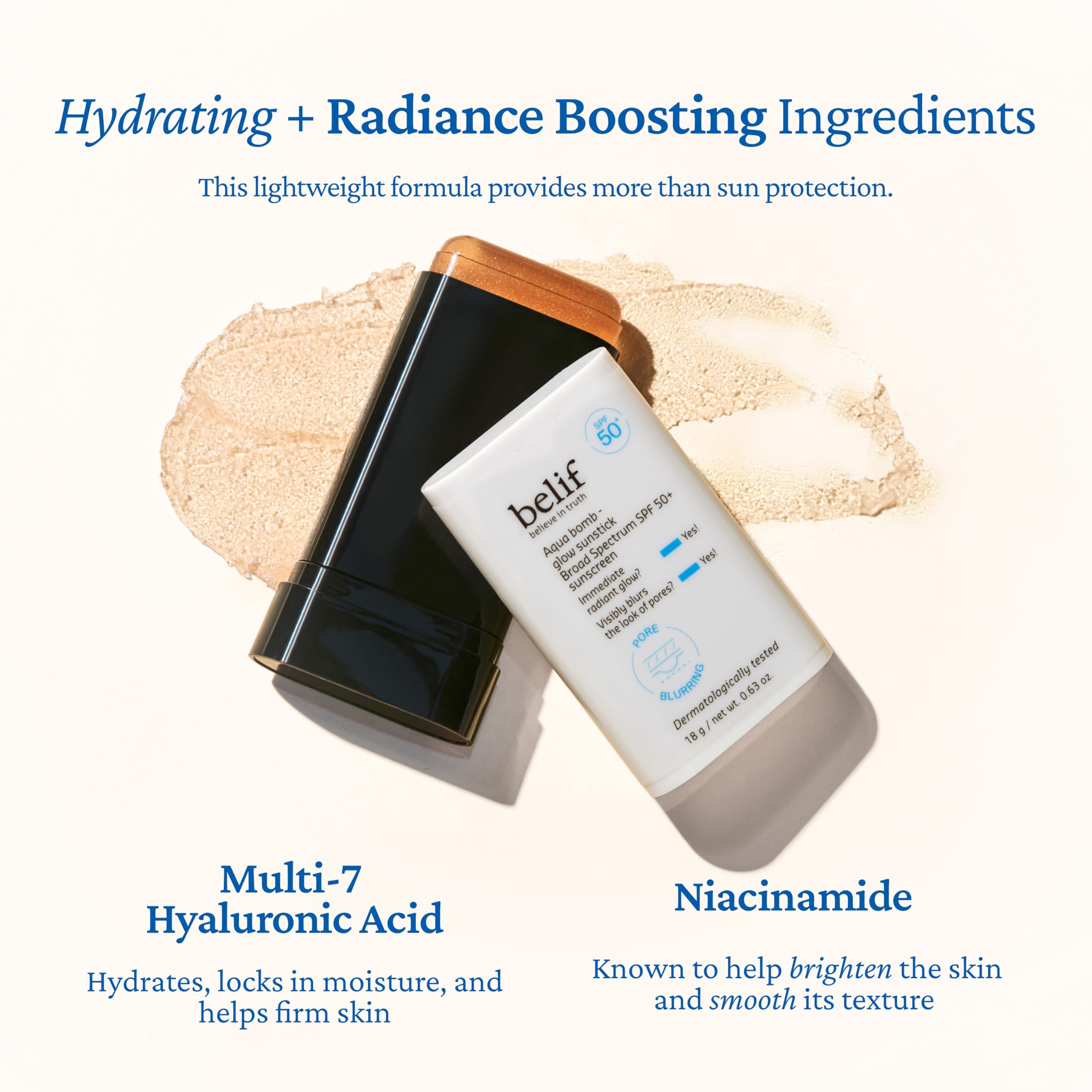 Belif Aqua Bomb Niacinamide Sunscreen Stick leaves no white cast on all skin tones.