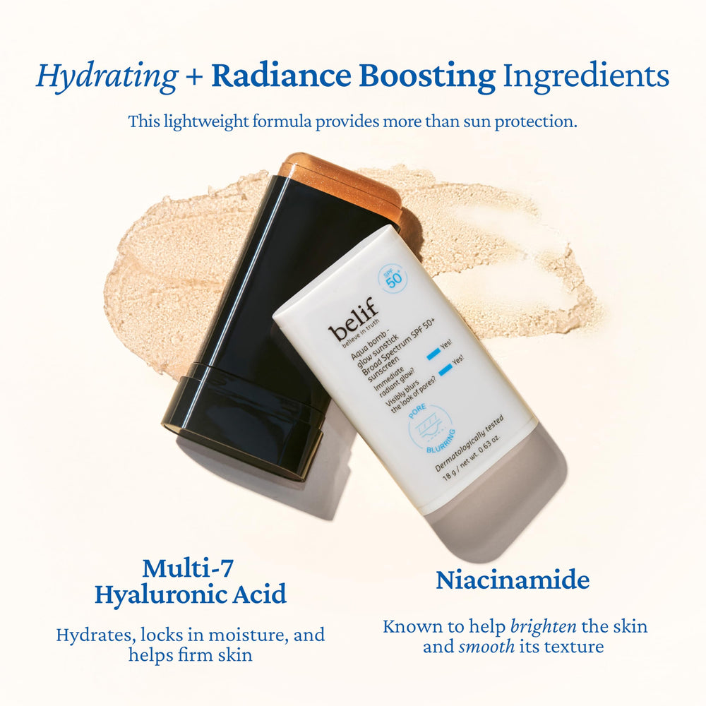 Belif Aqua Bomb Niacinamide Sunscreen Stick leaves no white cast on all skin tones.