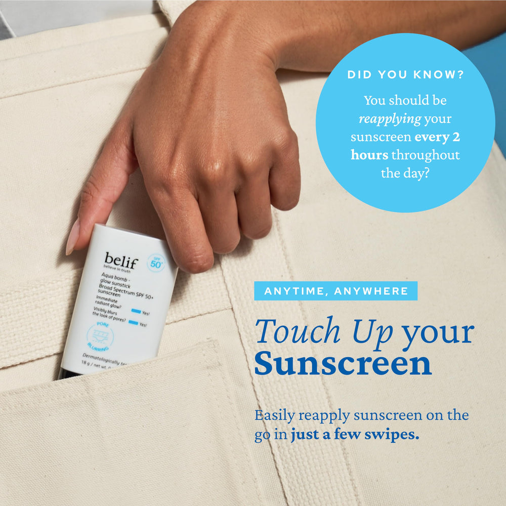 Belif Aqua Bomb Niacinamide Sunscreen Stick is ideal for on-the-go touch-ups.
