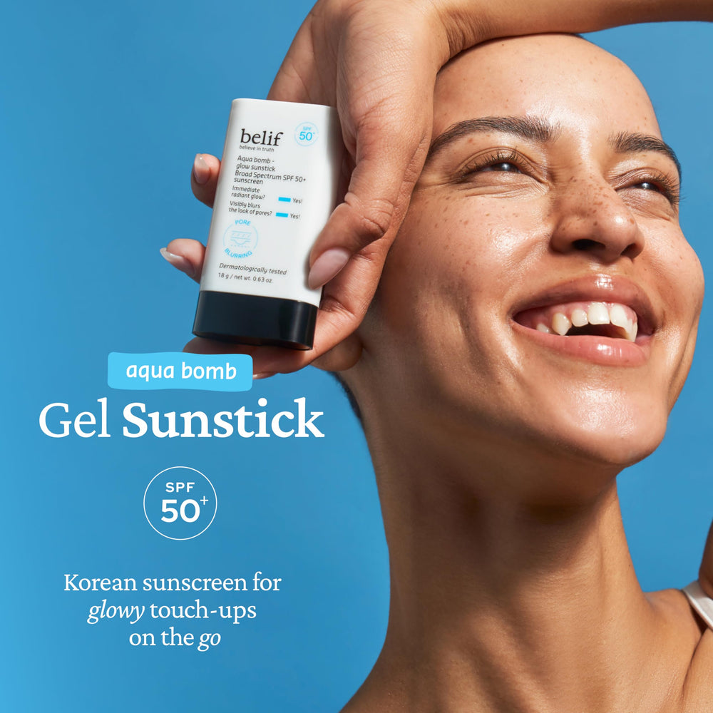 Belif Aqua Bomb Niacinamide Sunscreen Stick glides on with a transparent finish and no white cast.