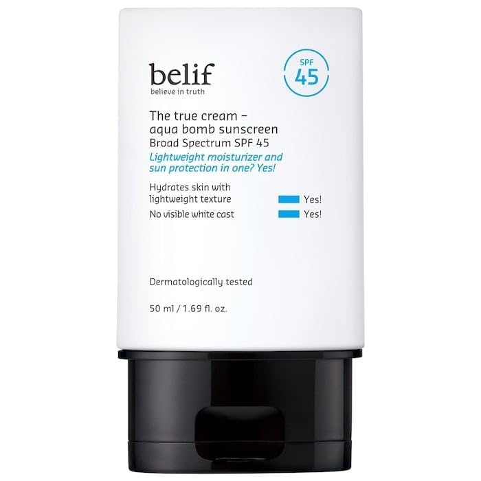 Belif Aqua Bomb SPF 45 bottle close-up highlights lightweight hydration
