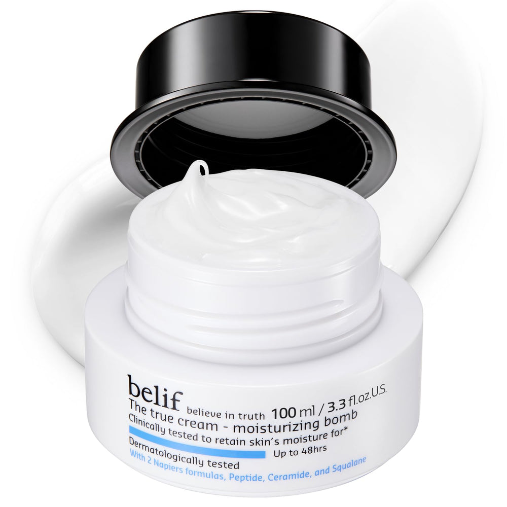 Belif Moisturizing Bomb ceramide cream jar for deep hydration and barrier support.