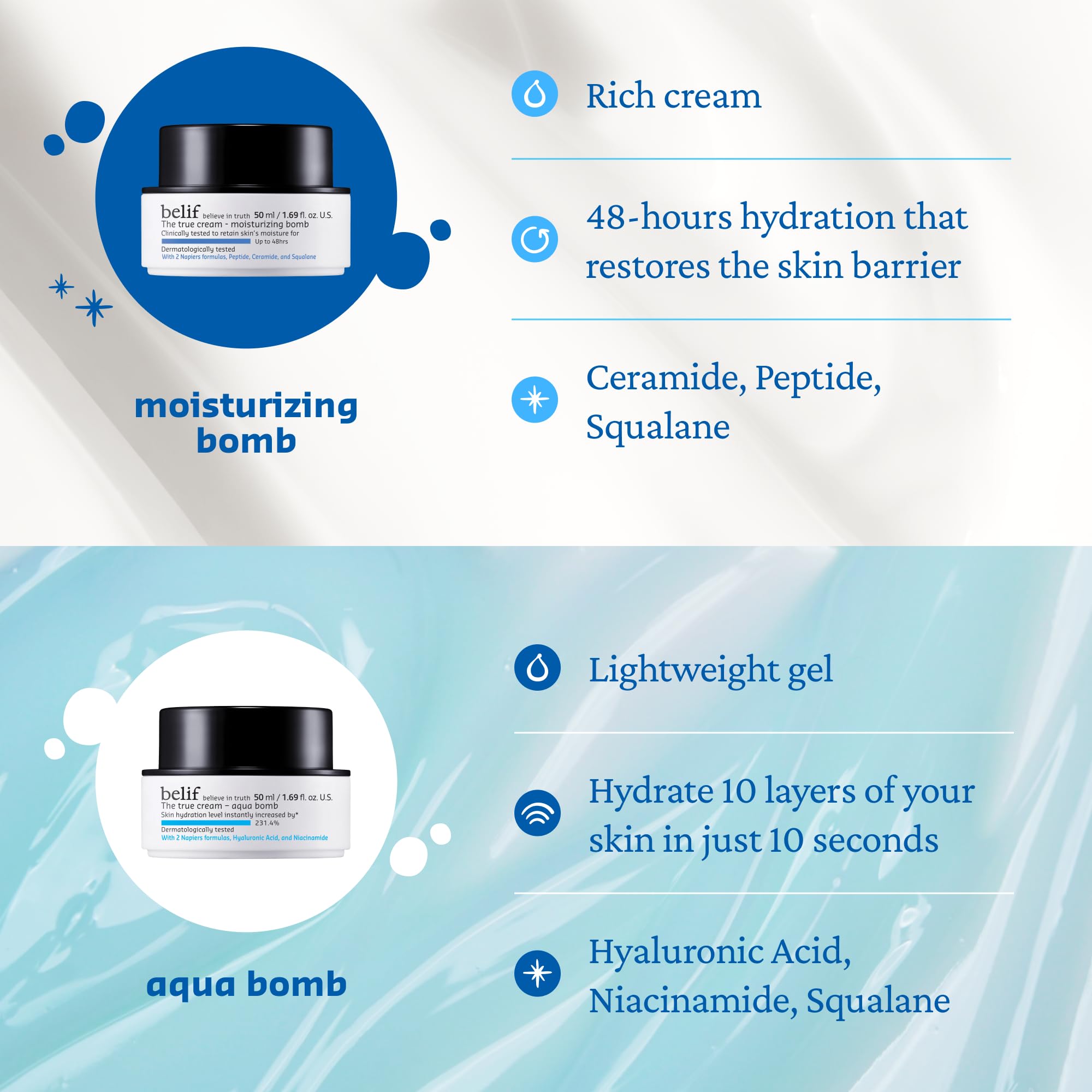 belif Moisturizing Bomb squalane droplets, sealing in moisture effectively