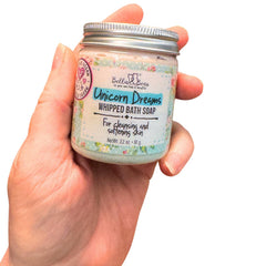 Bella and Bear Unicorn Dreams creamy lather close-up highlights luxurious texture.