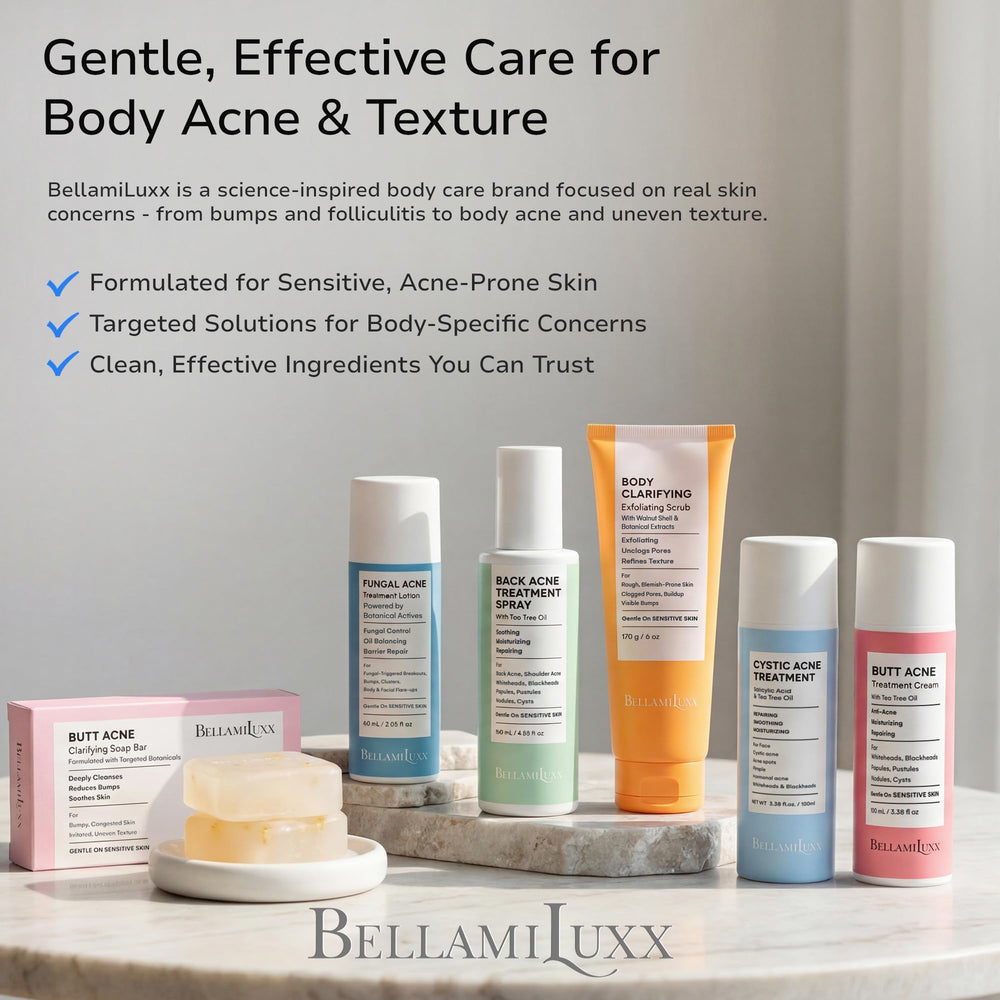 BellamiLuxx acids address congestion while supporting gentle daily folliculitis care.