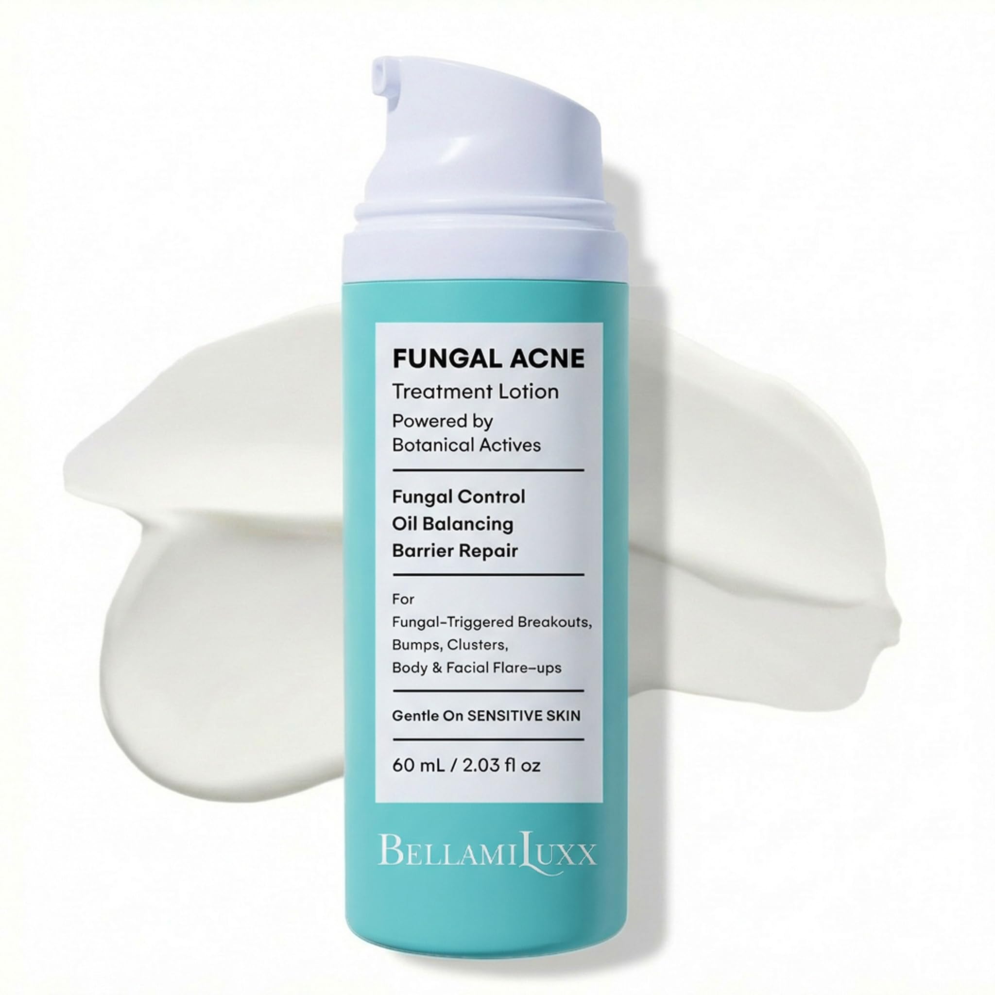 BellamiLuxx fungal acne lotion bottle for face and body, lightweight formula.