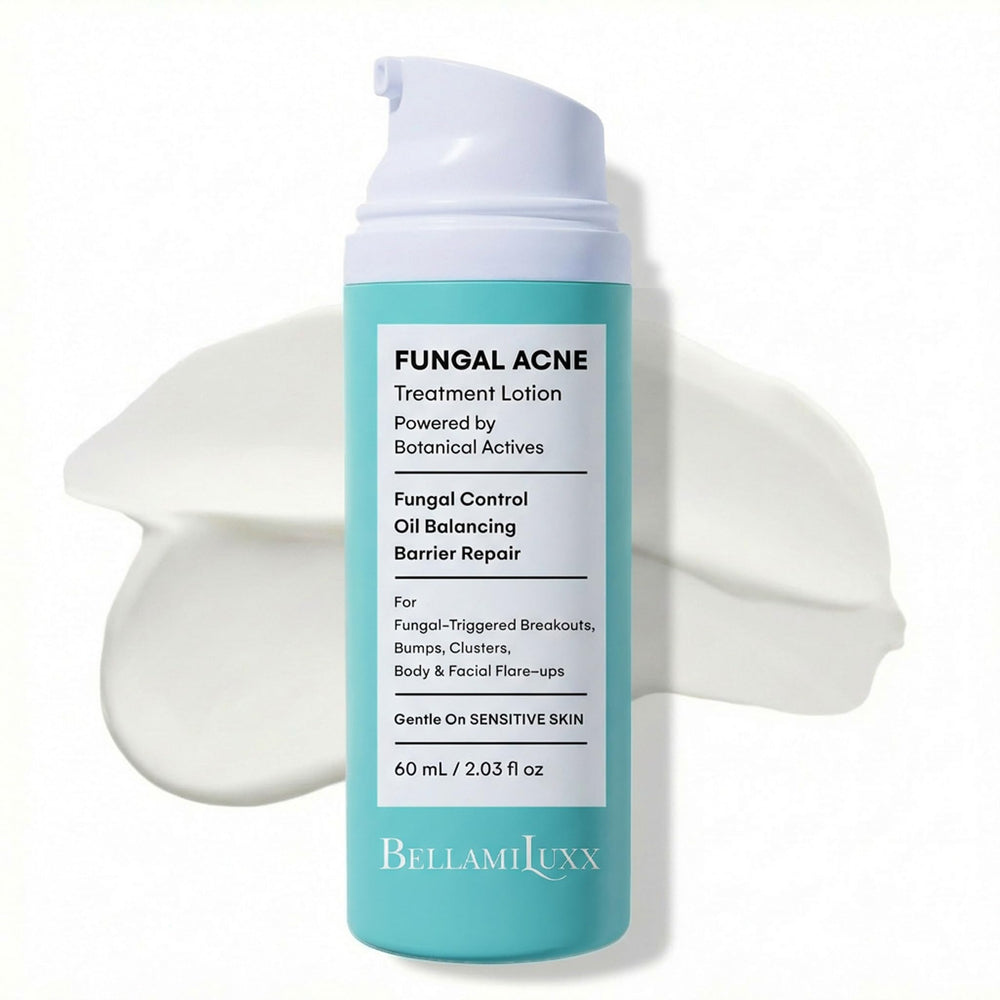 BellamiLuxx fungal acne lotion bottle for face and body, lightweight formula.