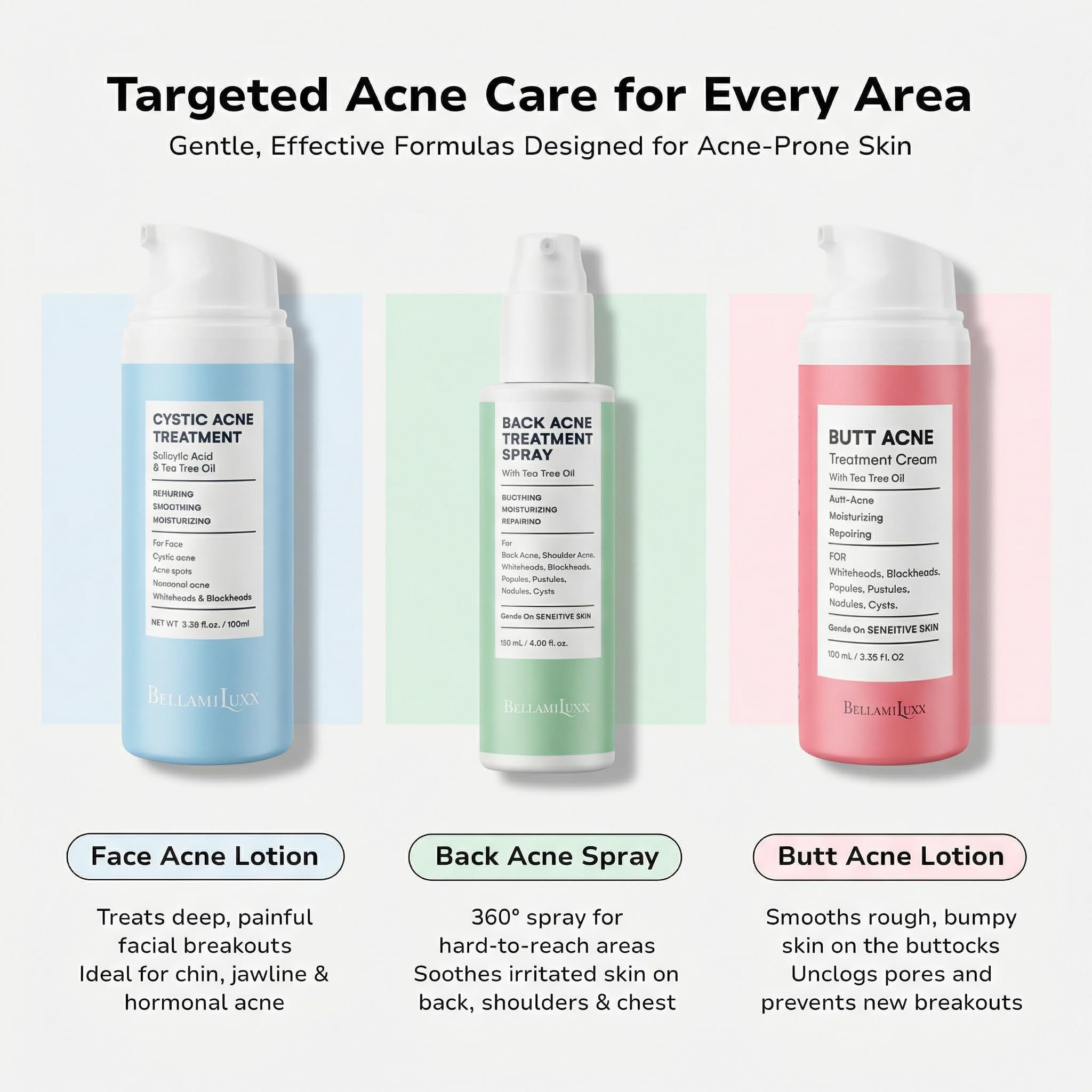 BellamiLuxx product label highlights Piroctone Olamine and Zinc PCA.