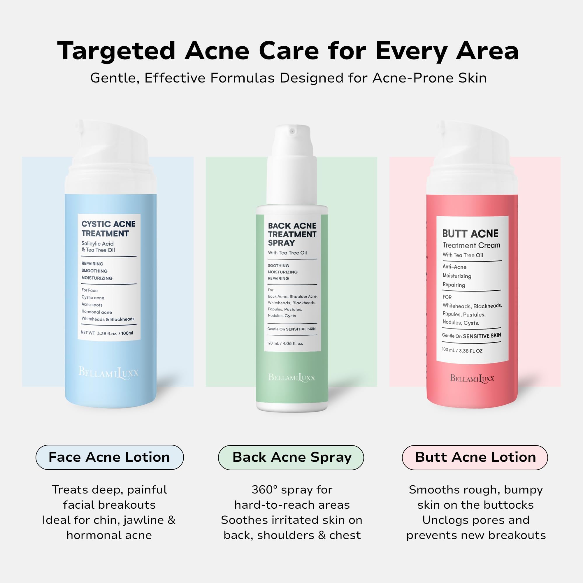 BellamiLuxx packaging visually communicates fragrance-free, oil-free care.