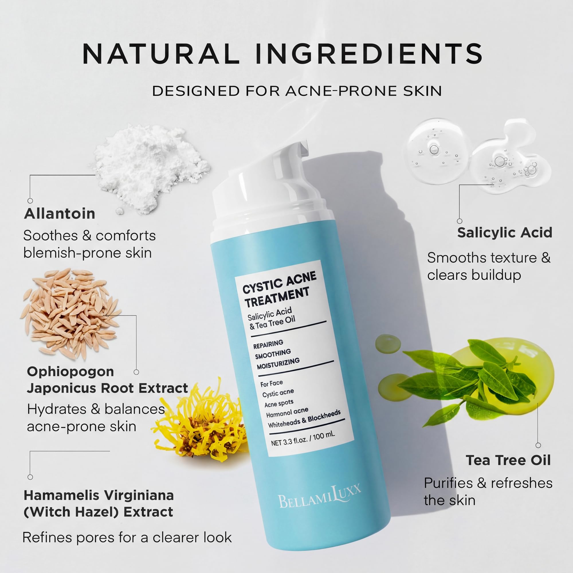 BellamiLuxx bottle on skin indicates improved texture and subtle hydration.