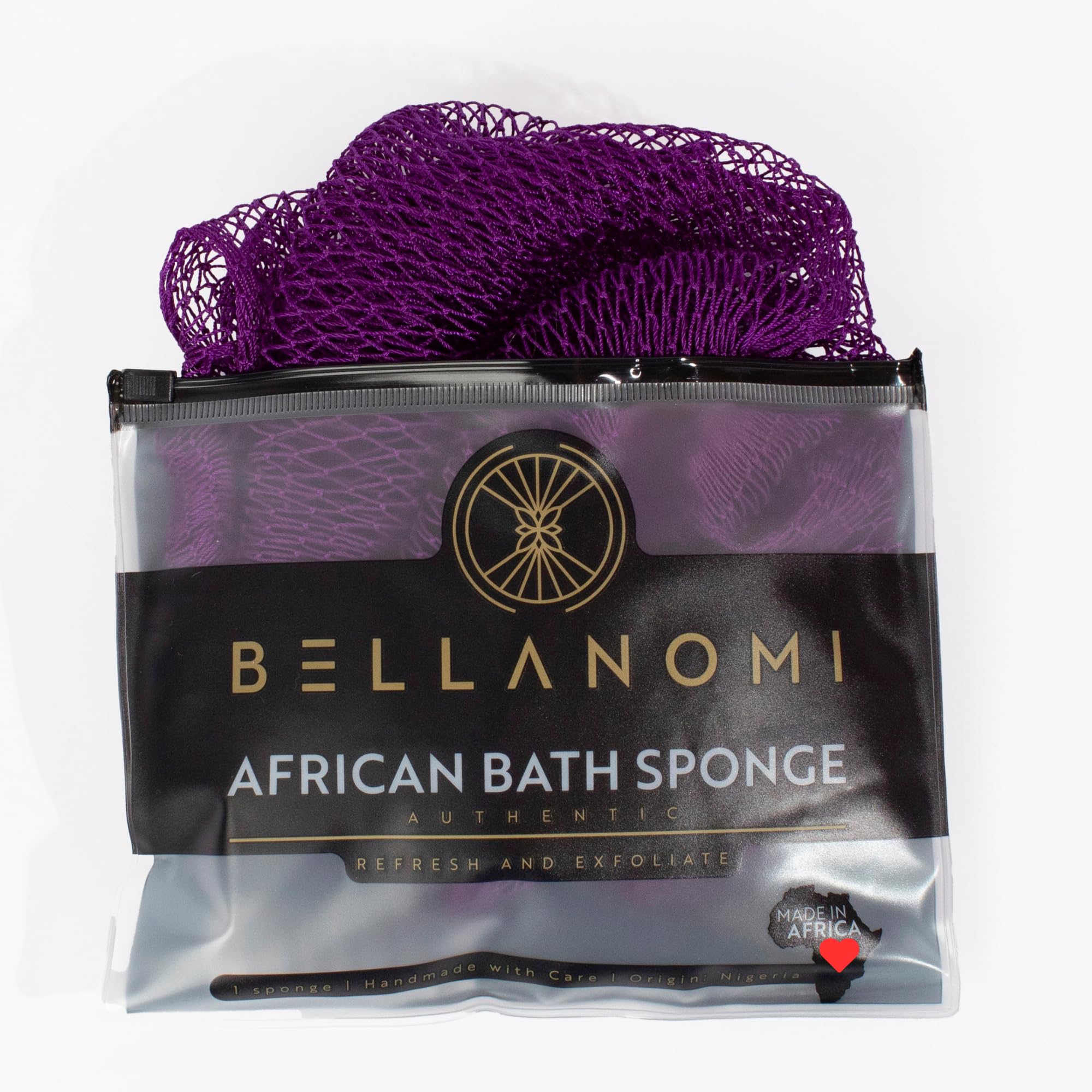Bellanomi African exfoliating net sponge back scrubber delivers thorough cleansing and back reach.
