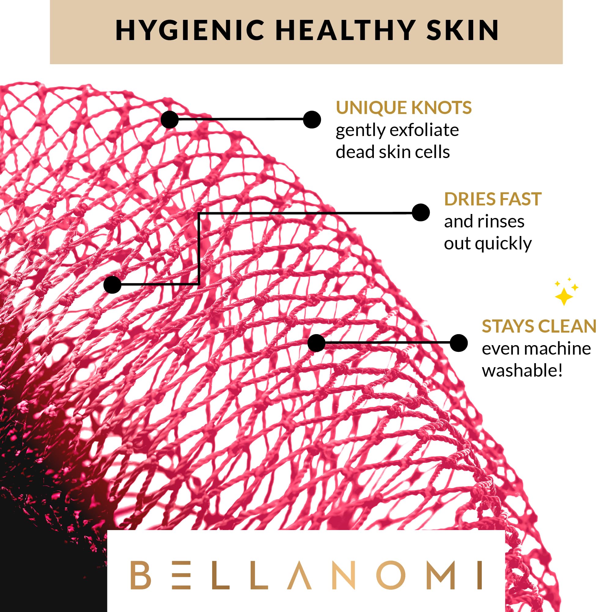 Bellanomi esponja exfoliante, malla doble nudo, ideal para piel sensible.