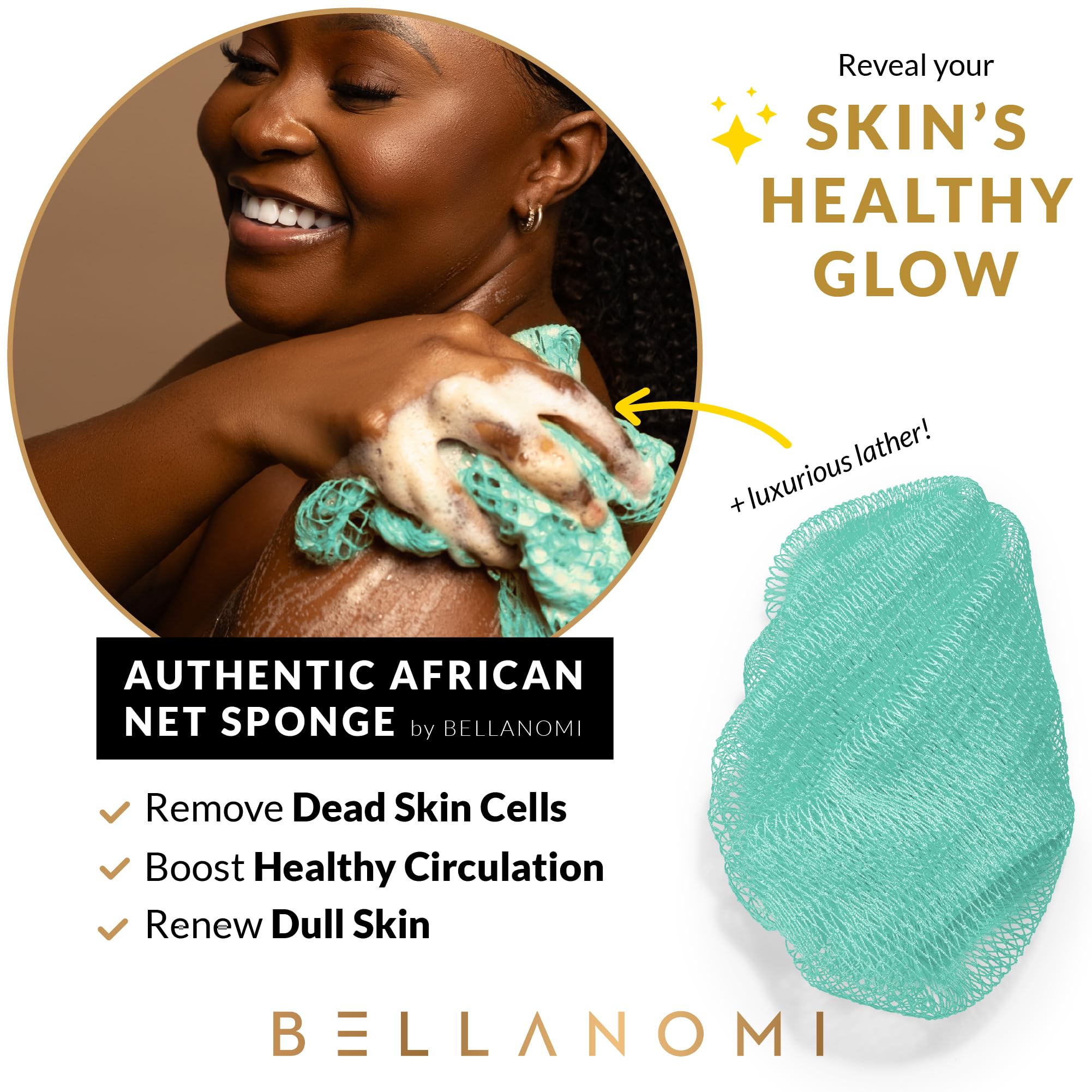 Doble nudo de malla para exfoliar sin irritar la piel.