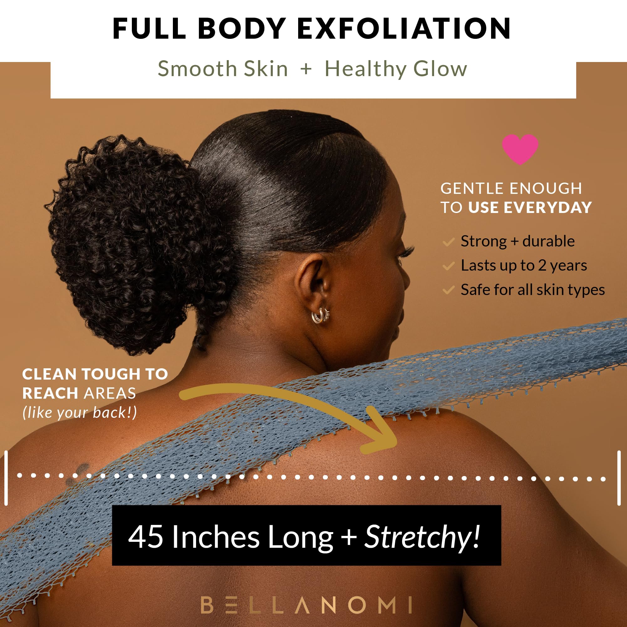 Bellanomi stretch to reach back during shower routine