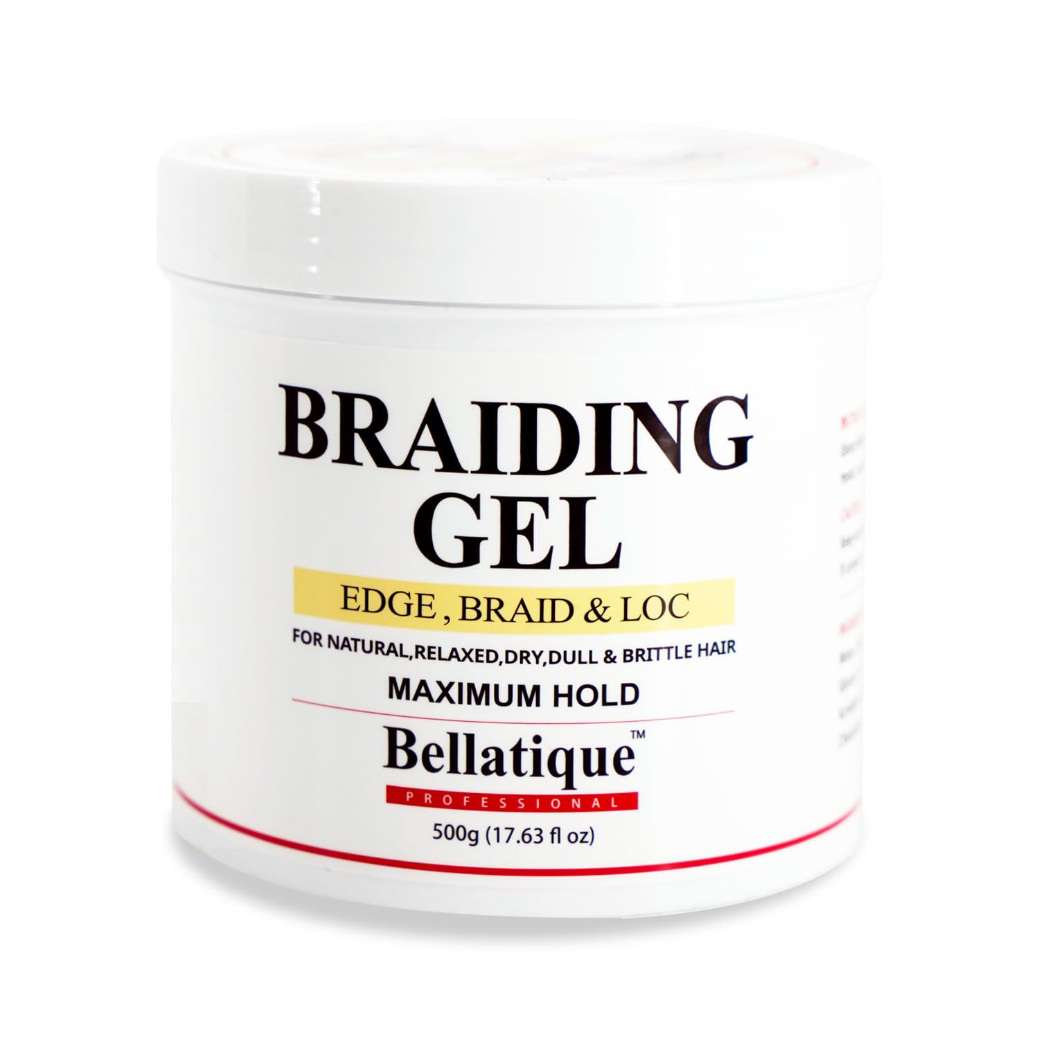 BELLATIQUE gel profesional para trenzas, botella grande, fijación duradera y brillo sutil.