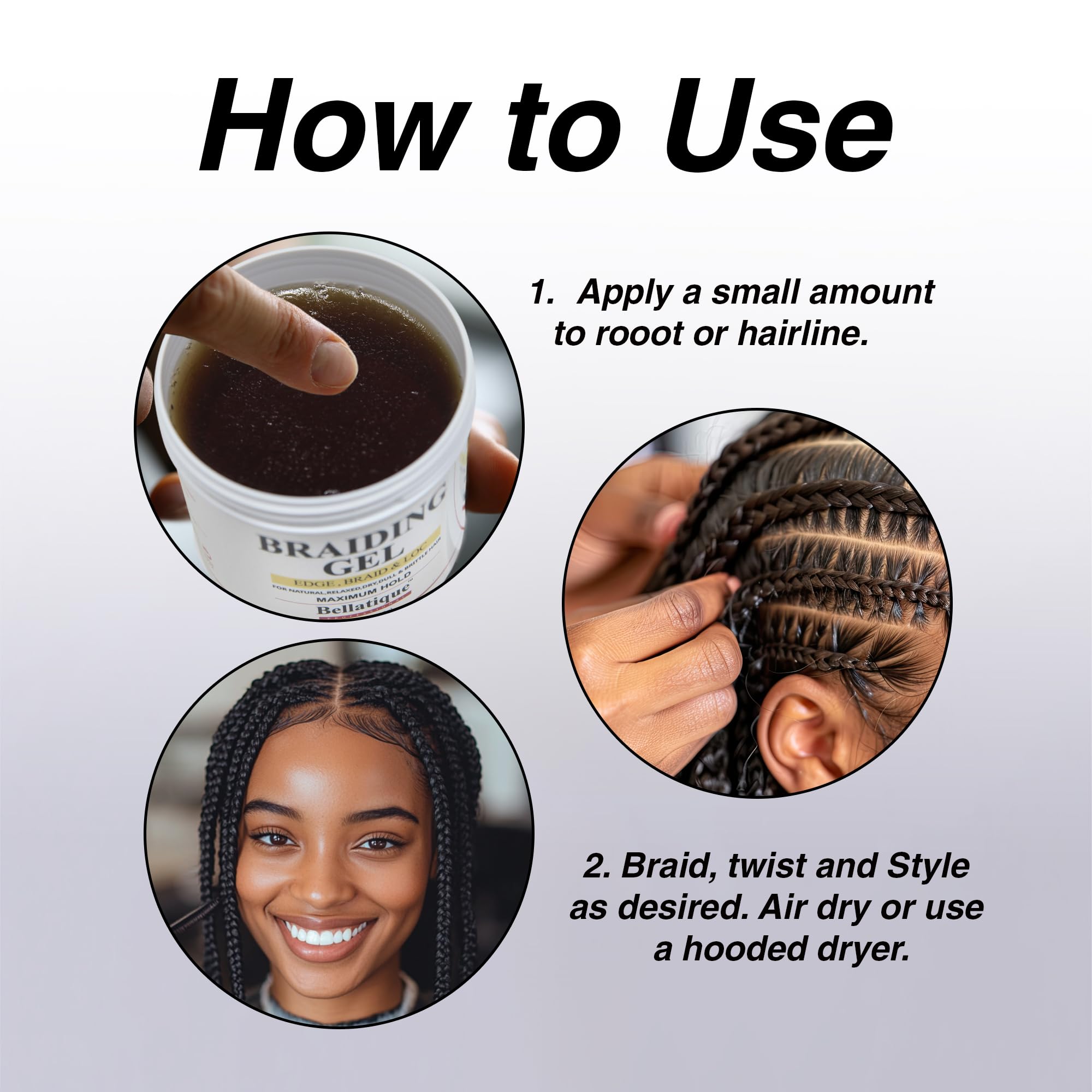 BELLATIQUE gel profesional para trenzas, brillo alto para estilos llamativos.