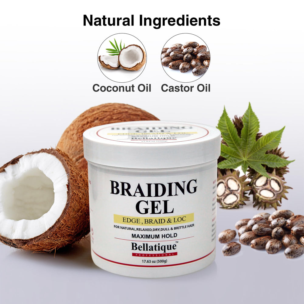 BELLATIQUE gel profesional para trenzas, sin blanqueado para un aspecto natural.