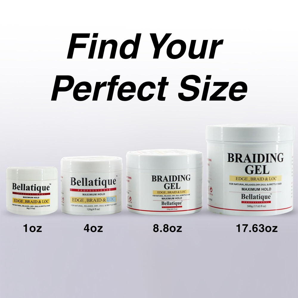 BELLATIQUE gel profesional para trenzas, sin escamas visibles al aplicarlo.