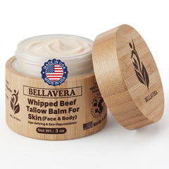 Bellavera whipped tallow balm jar close-up for rich hydration.