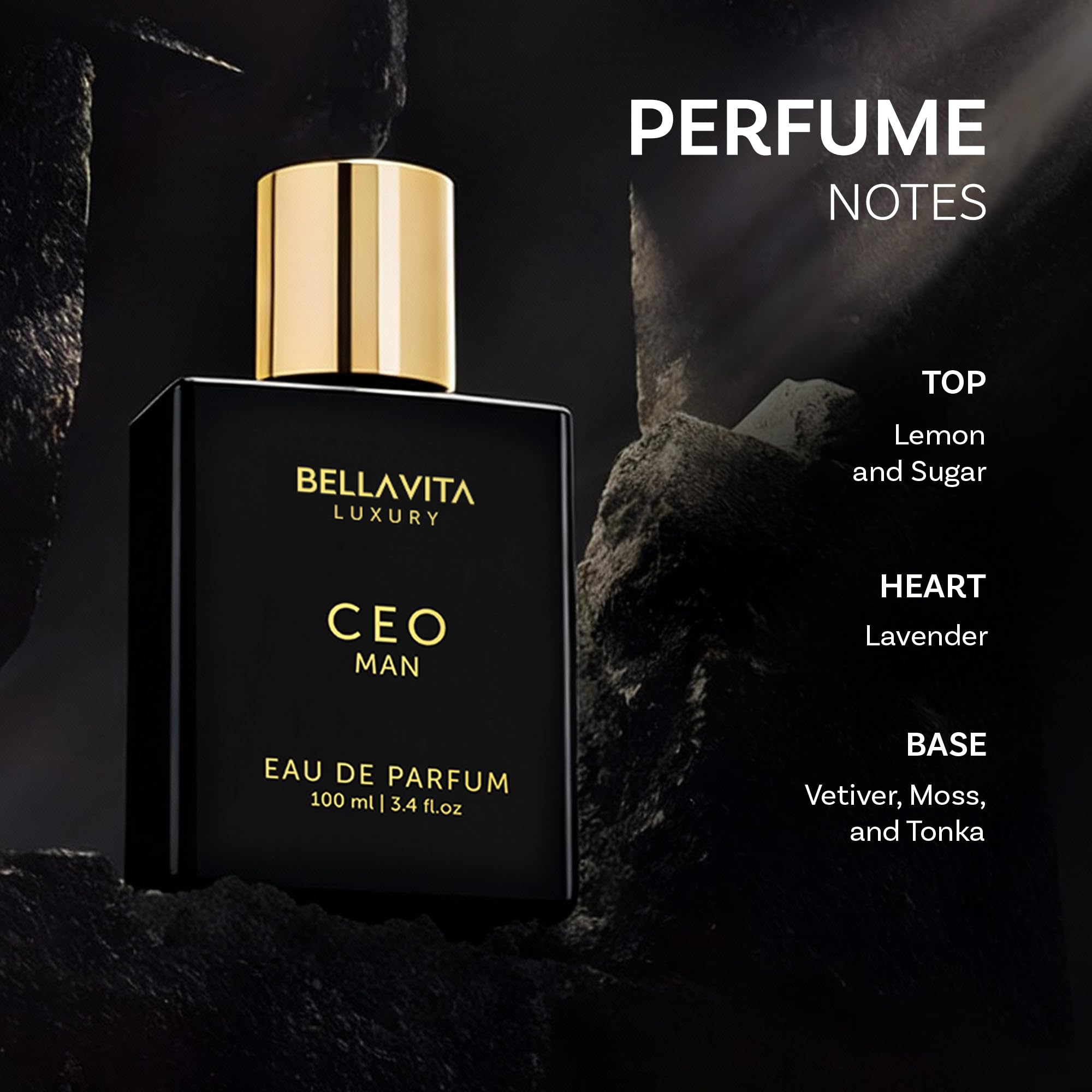 BellaVita Luxury CEO bottle close-up reveals premium cap detail.