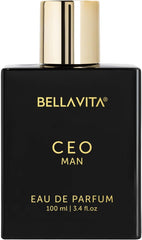 BellaVita Luxury CEO perfume bottle front view for men, highlighting sleek design and bold confidence.