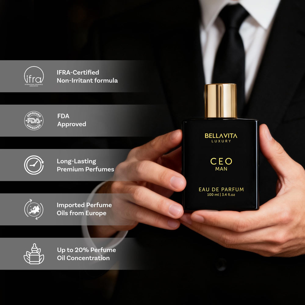 BellaVita Luxury CEO perfume collection shot highlights versatile scent range.