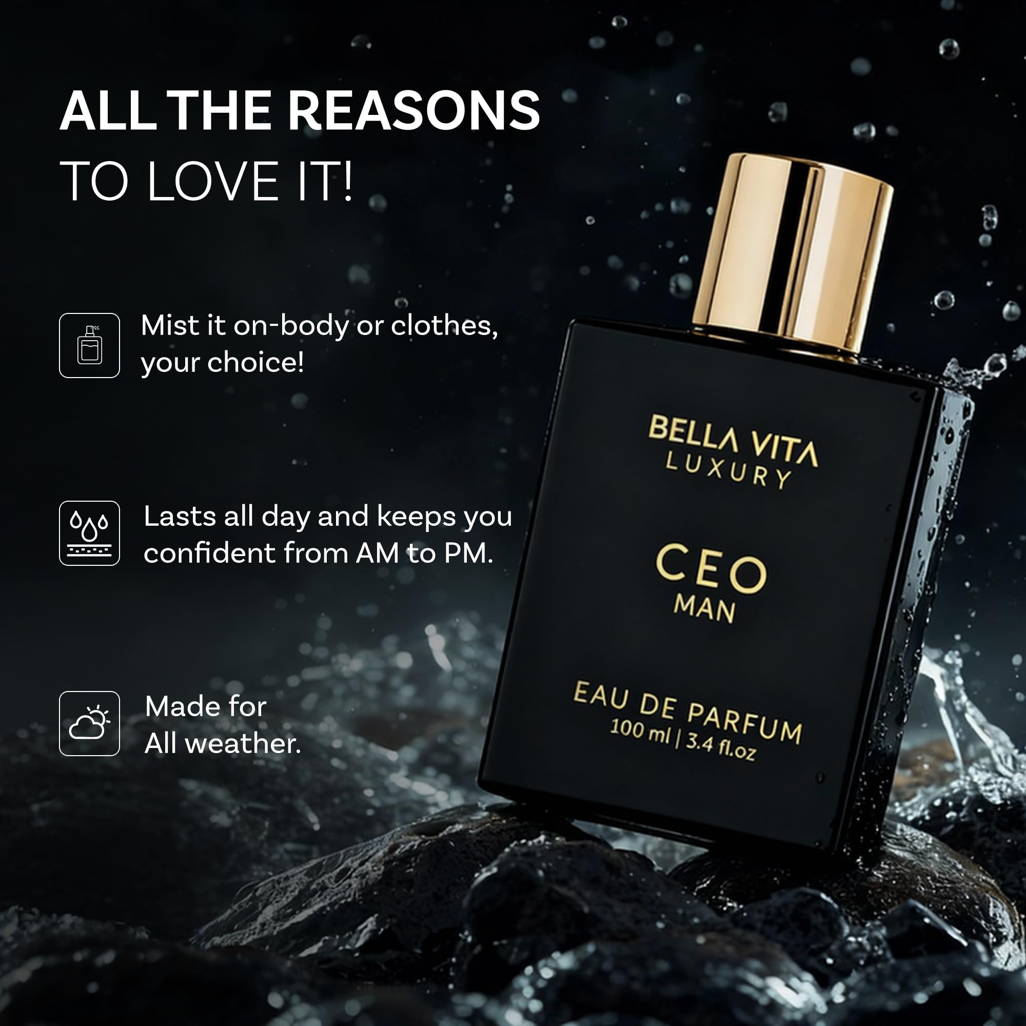 BellaVita Luxury CEO perfume on desk conveys executive ambiance.