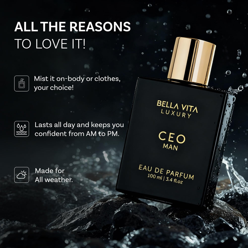BellaVita Luxury CEO perfume on desk conveys executive ambiance.