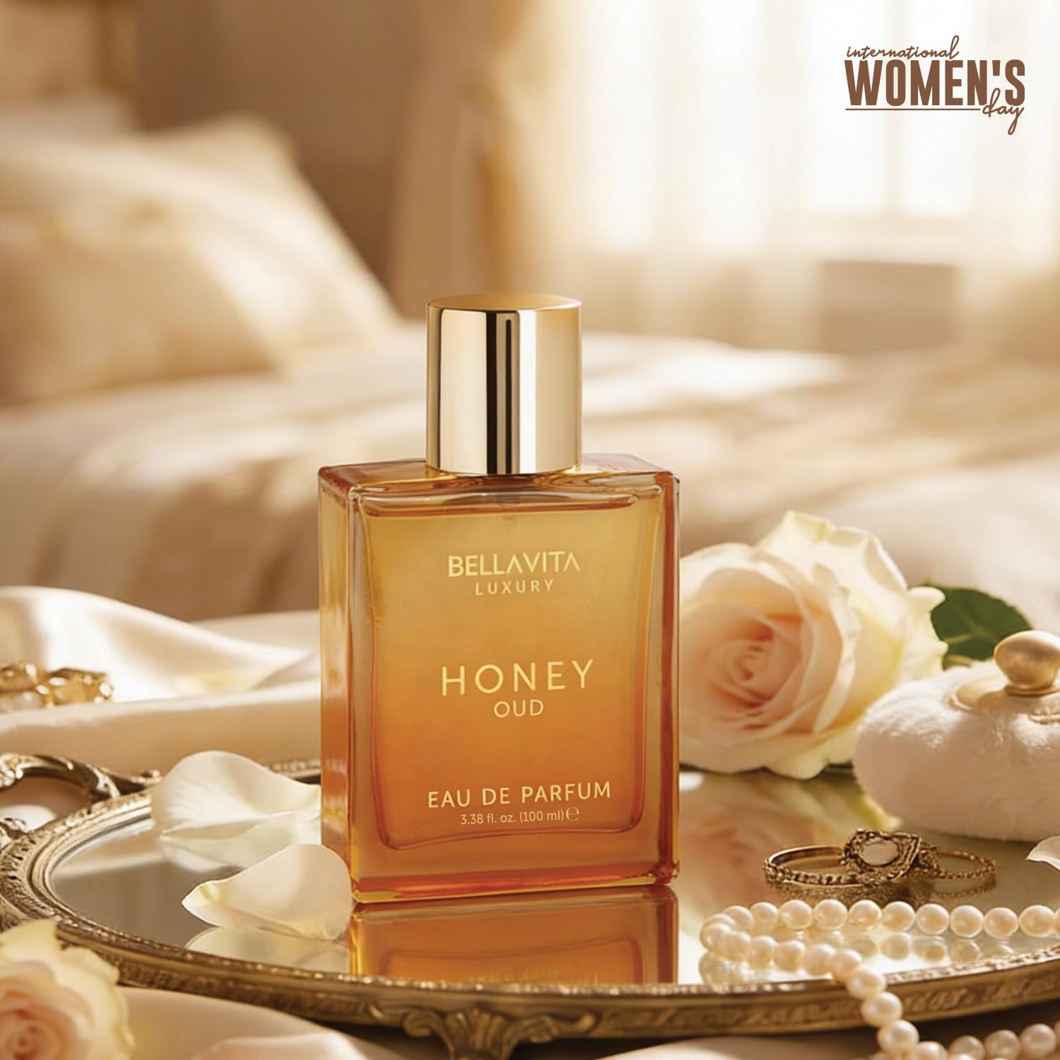 Bella Vita Luxury Honey Oud EDP angled bottle showcases amber glow, perfect for date nights.