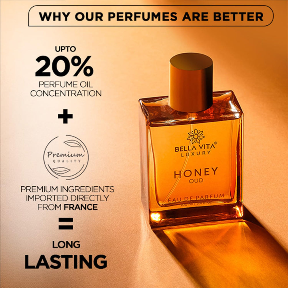 Bella Vita Luxury Honey Oud EDP glass catches light, hinting at rich smoky-sweet layers.