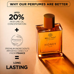 Bella Vita Luxury Honey Oud EDP glass catches light, hinting at rich smoky-sweet layers.