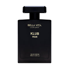 Bella Vita Luxury KLUB bottle close-up highlighting lemon and jasmine for a bold night-out scent.