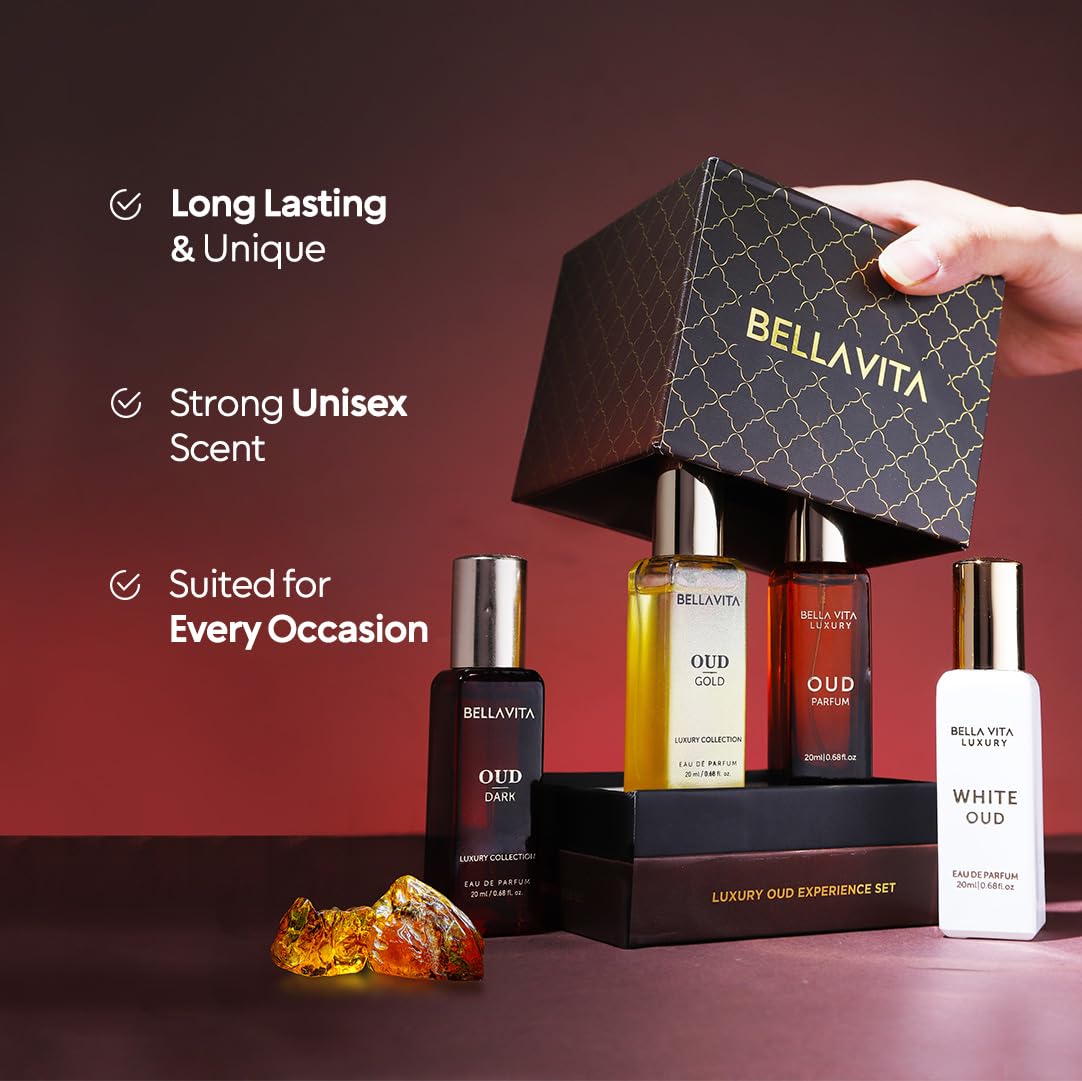 Radiant BellaVita Luxury Gold OUD bottle with warm amber glow