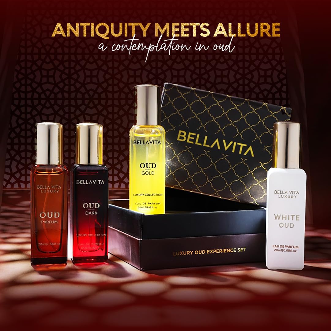 Close-up of BellaVita Luxury OUD bottle highlighting caramel notes and luxurious aura
