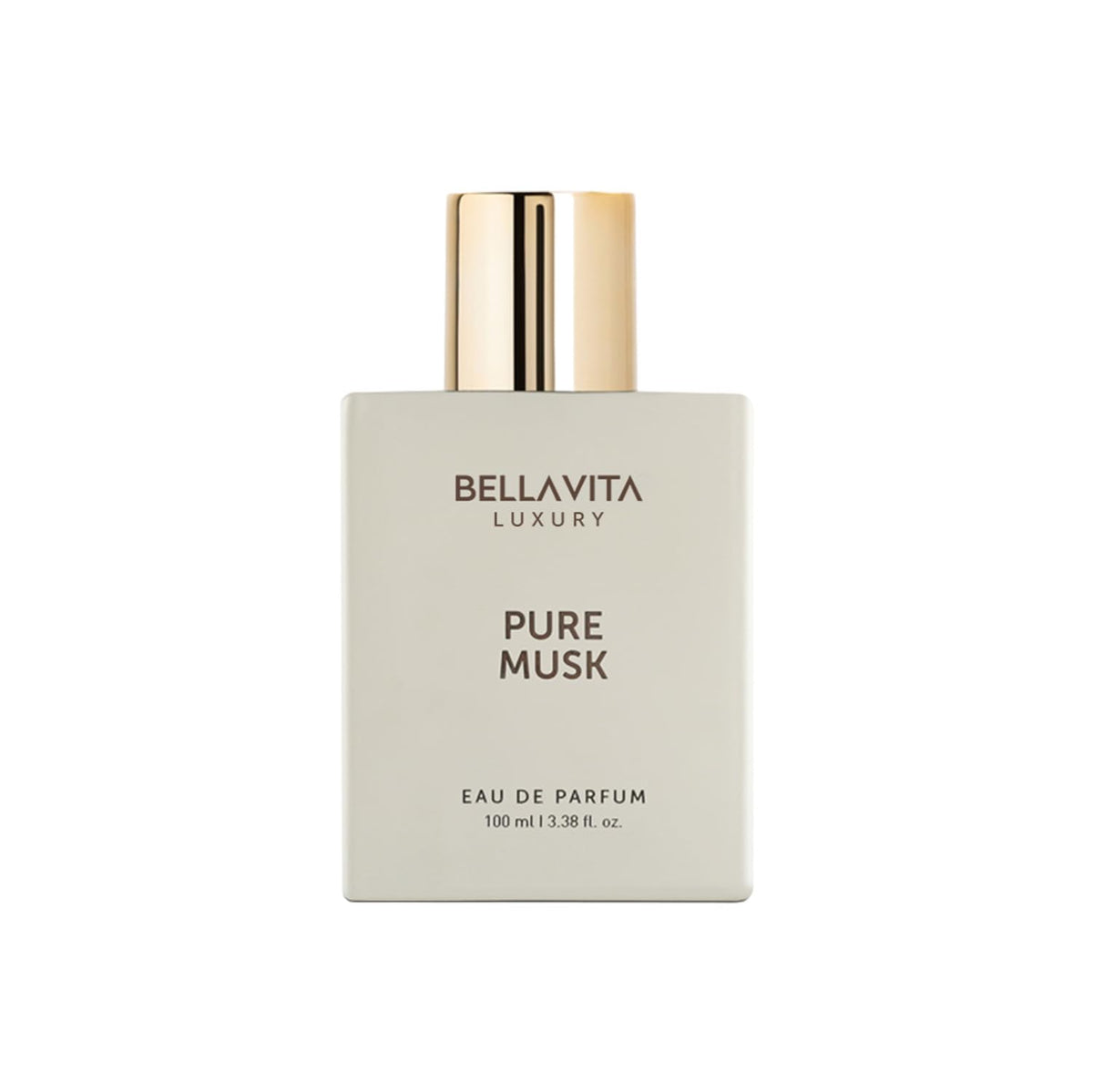 BellaVita Luxury Pure Musk unisex bottle front view highlighting elegant design and long-lasting aroma.