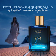 Bella Vita Luxury SKAI Aquatic bottle close-up highlights clean, natural fragrance and vegan formula.