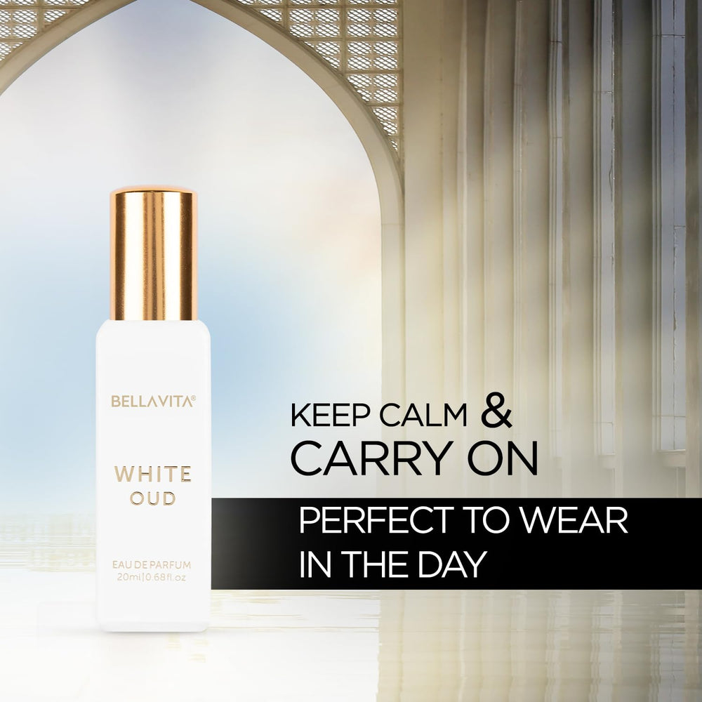BellaVita Luxury White Oud bottle cap close-up, compact travel-ready design.