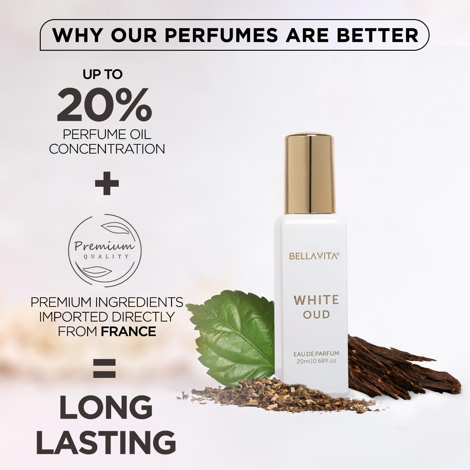 BellaVita Luxury White Oud vanilla note delivers a warm, inviting aroma.