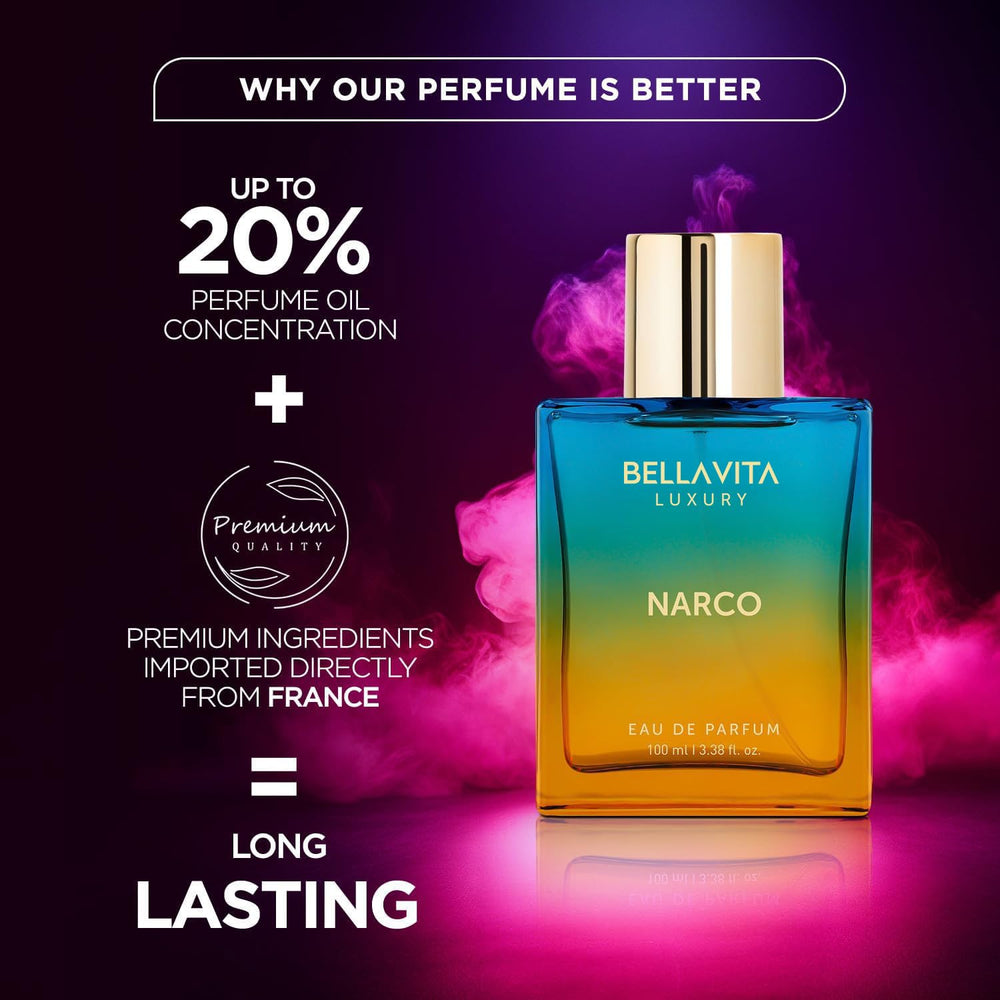Bellavita Narco packaging closeup with IFRA-certified label and premium design.