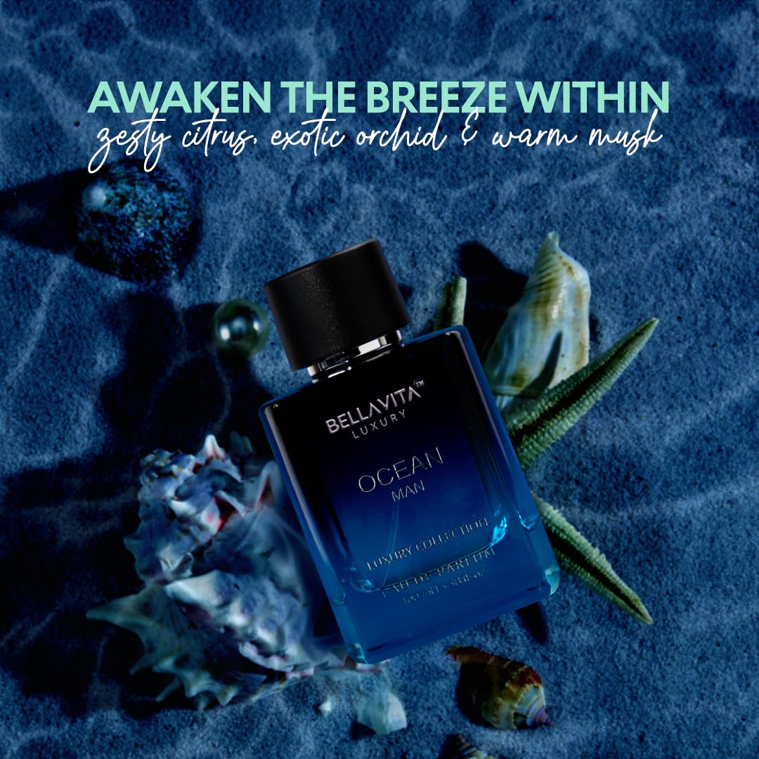 BellaVita Luxury OCEAN bottle-side view highlighting bergamot and jasmine.