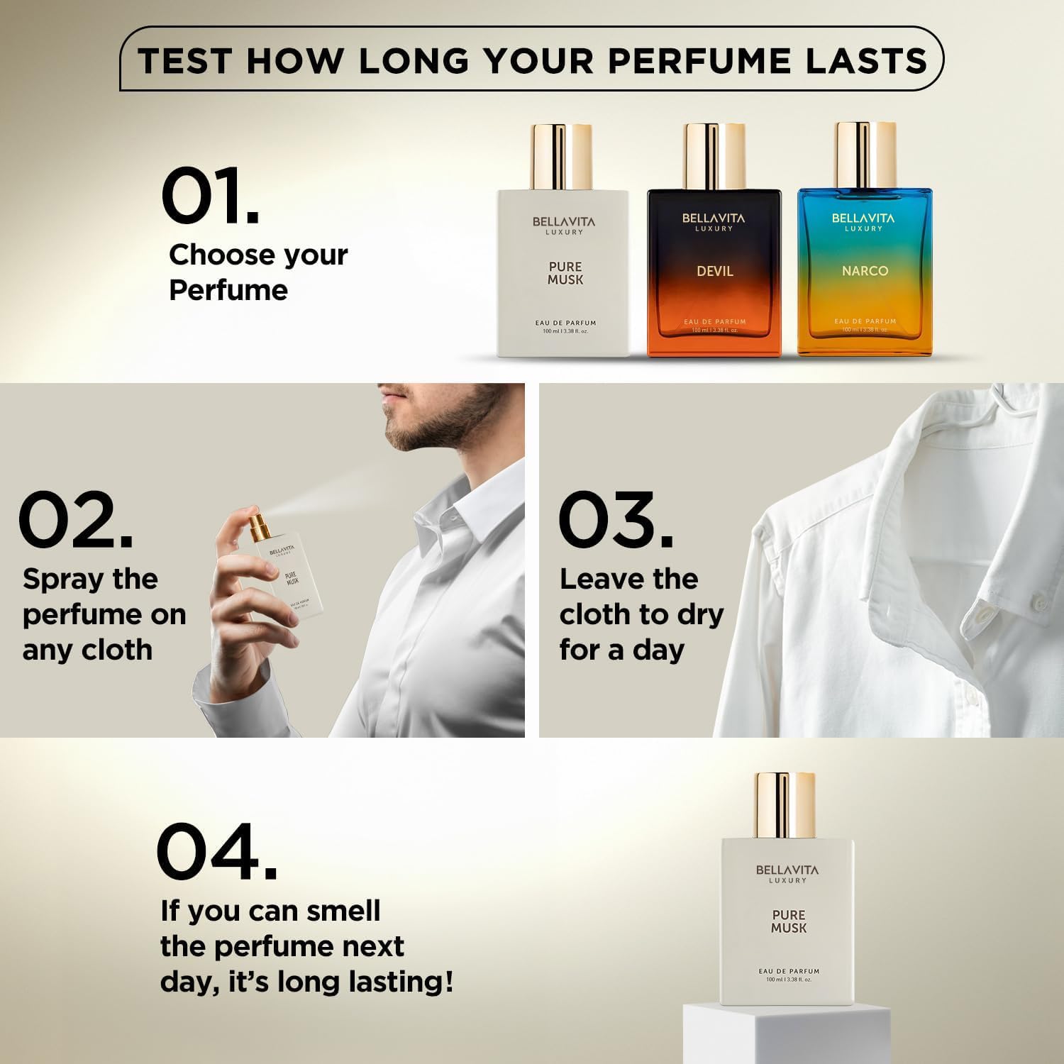BellaVita Pure Musk unisex scent profile highlighting woody, earthy notes.