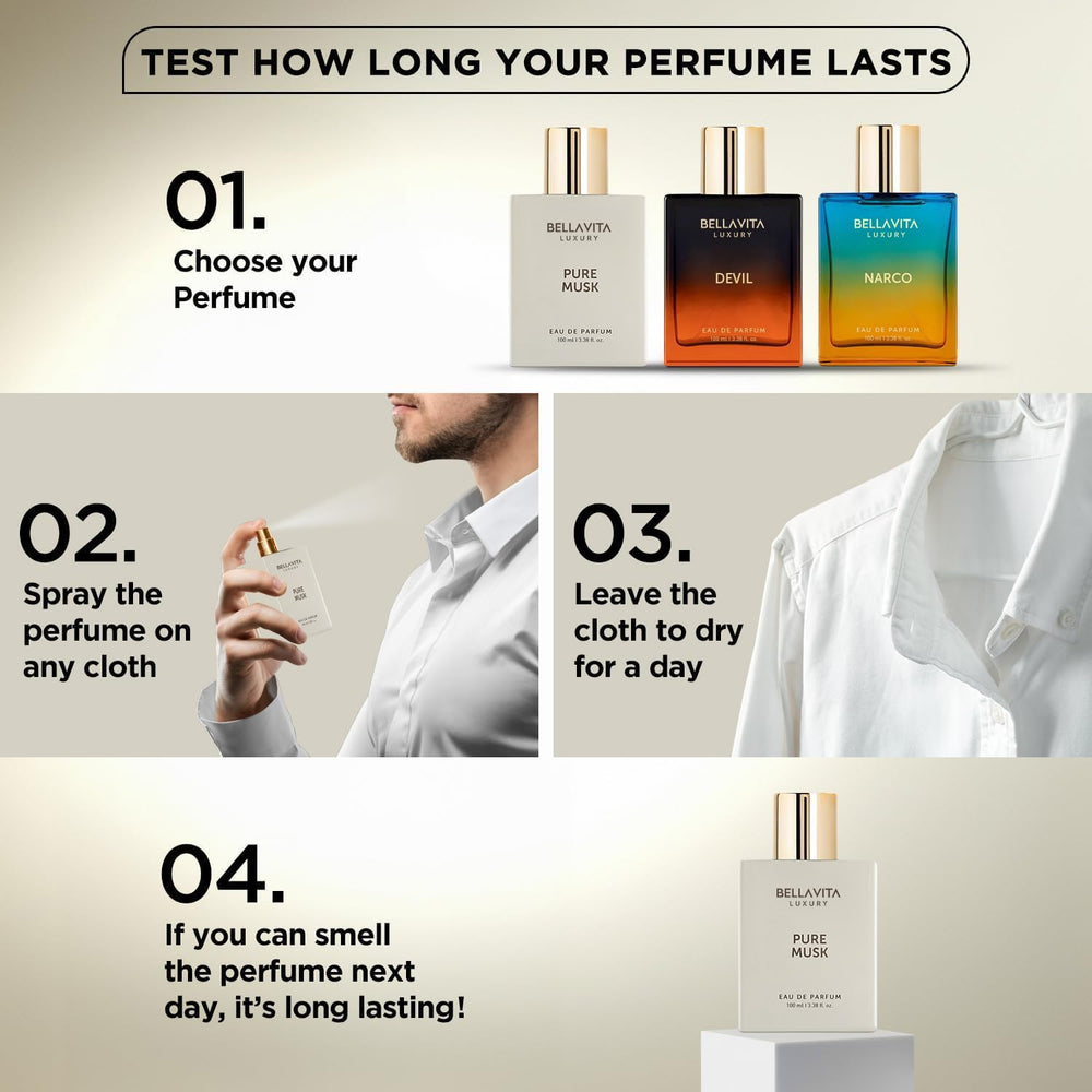 BellaVita Pure Musk unisex scent profile highlighting woody, earthy notes.