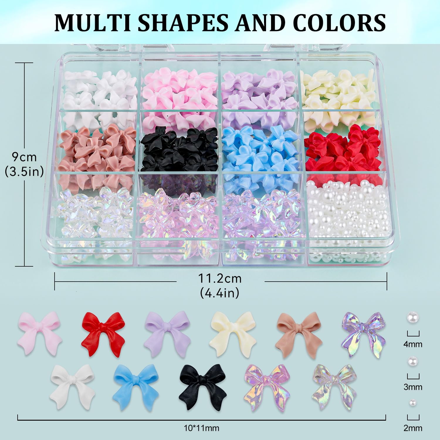 BELLEBOOST 11-color bow charms arranged in grids for easy design.