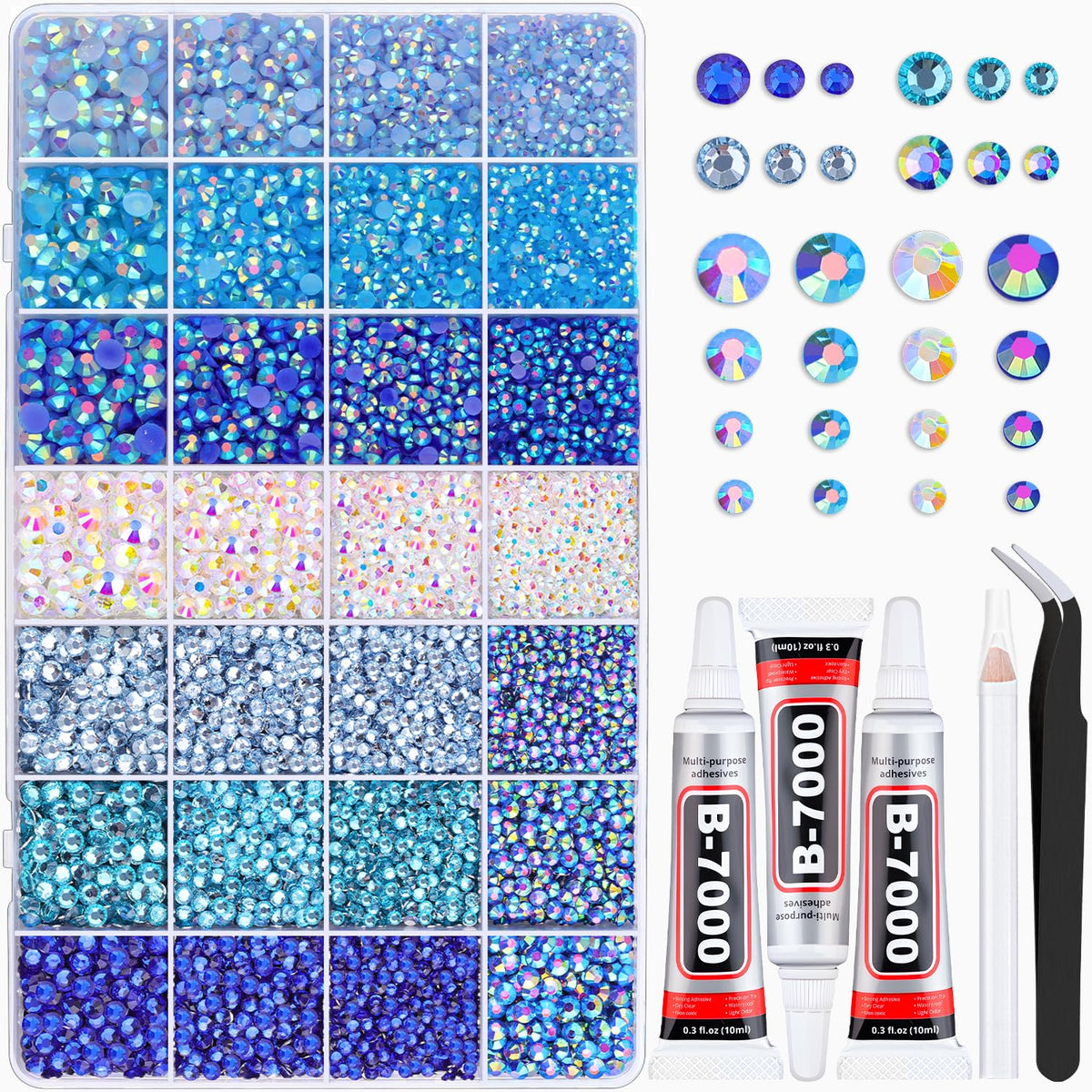 BELLEBOOST cristales azules en caja de 28 rejillas, brillo estable para tus manualidades.