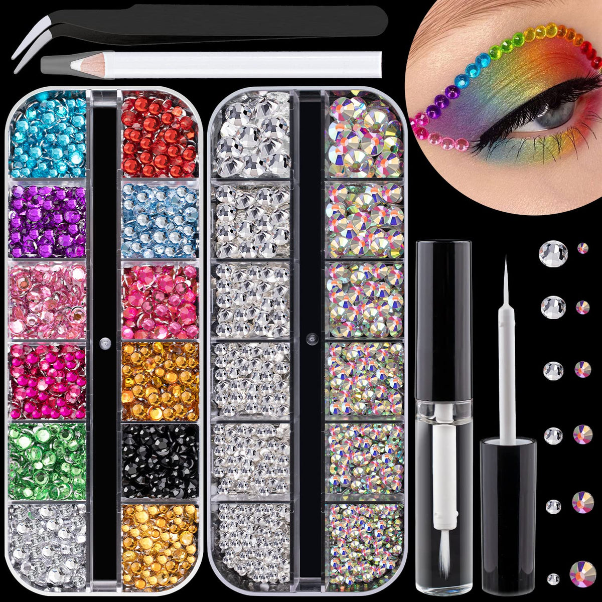 BELLEBOOST flatback rhinestones set in 12 colors for versatile nail art and makeup.