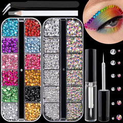 BELLEBOOST flatback rhinestones set in 12 colors for versatile nail art and makeup.