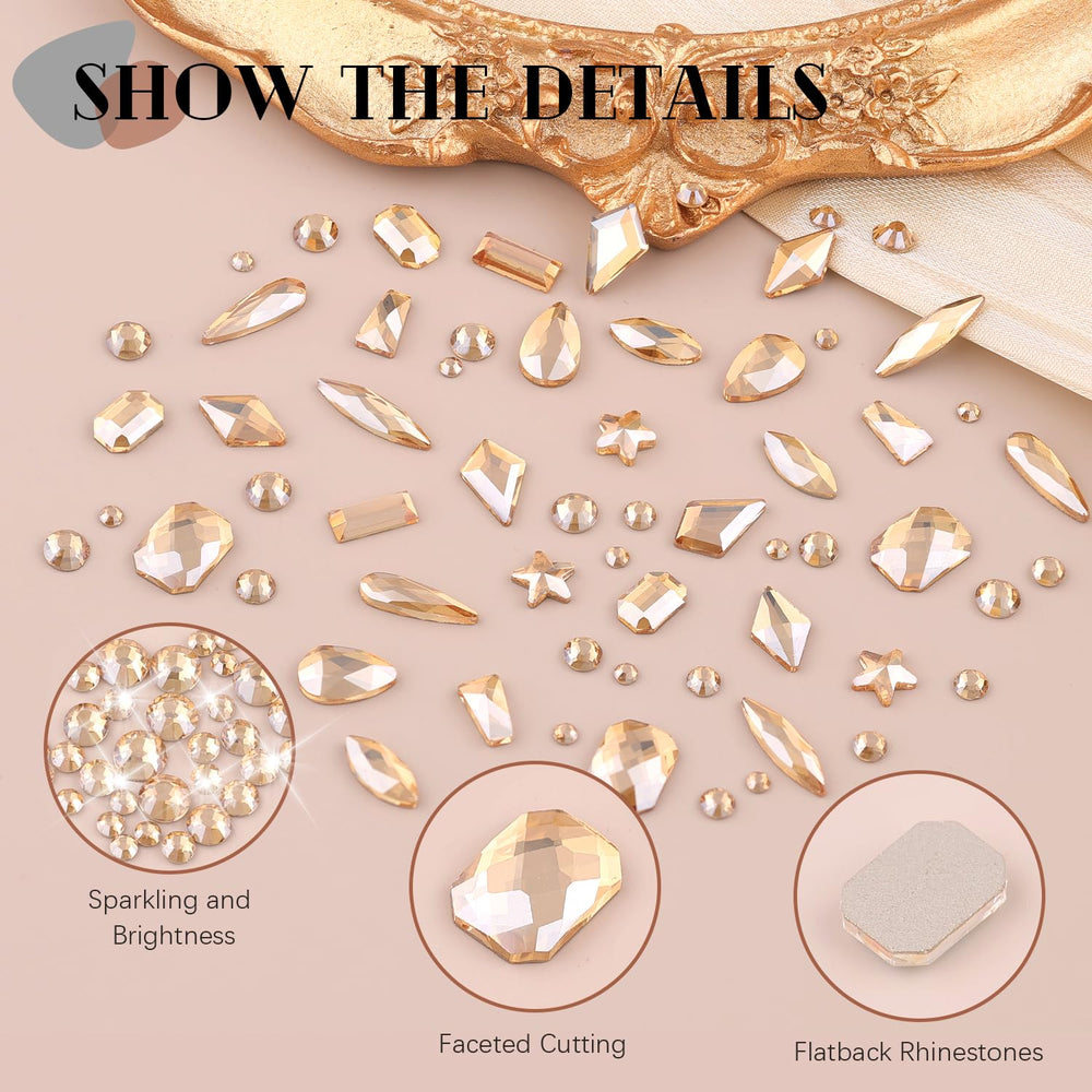 BELLEBOOST flatback rhinestones shine with champagne gold for subtle luxury.