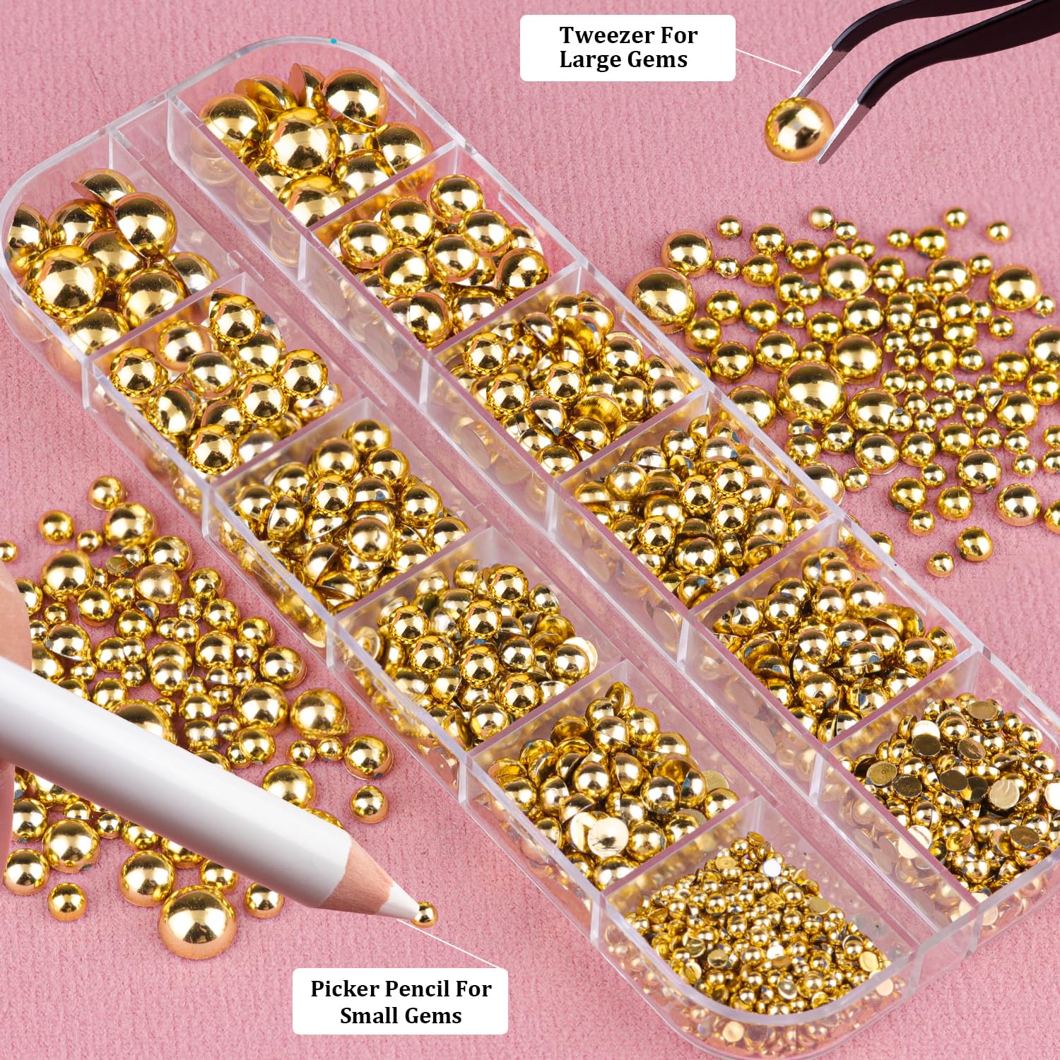 Belleboost gold tweezers place pearls with precision.